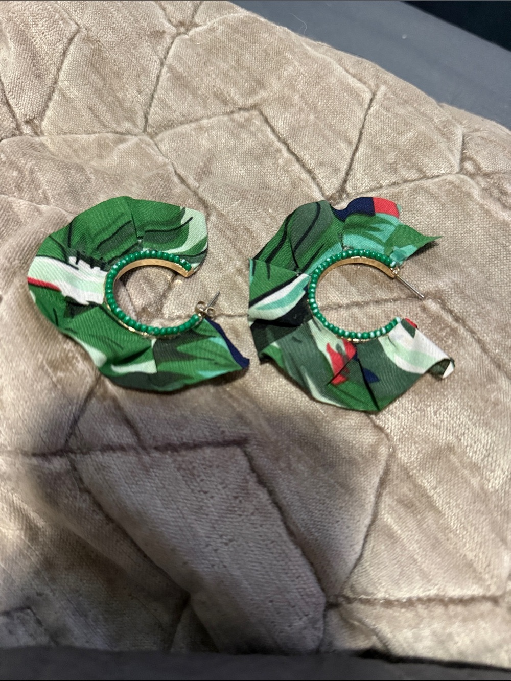 Green Floral Fabric Hoop Earrings